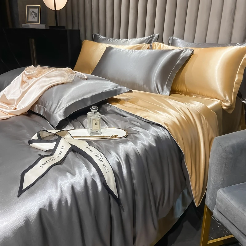 Solid Silk Bedding Set with Duvet Cover Bed Sheet Pillowcases Luxury King Single Double Couple Pillow Case Bedsheet
