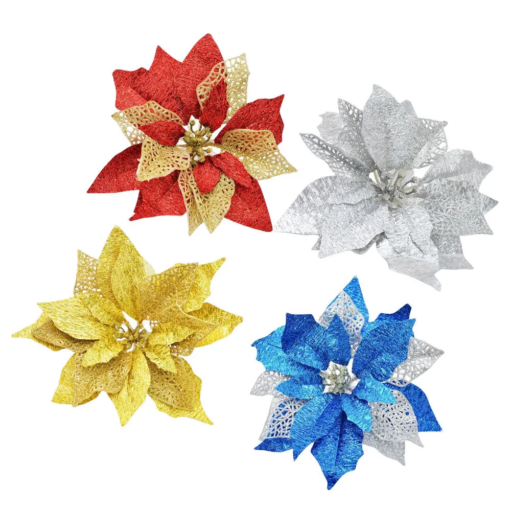 

4Pcs 25Cm Christmas Fake Flowers in Silver Red Gold Blue Simulation Cloth Flower Decoration for Celebration Party Home Festive