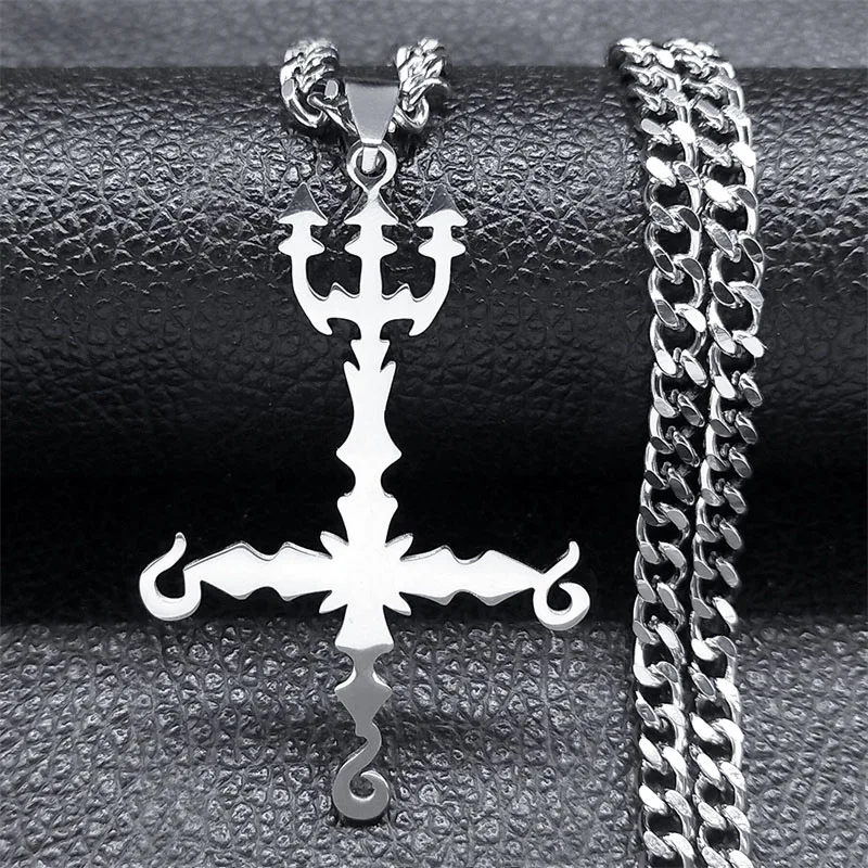 666 Satan Inverted Cross Trident Dämonische Halskette für Damen Herren Edelstahl Silber Farbe Statement-Halsketten Schmuck N8055SR – Detail 4