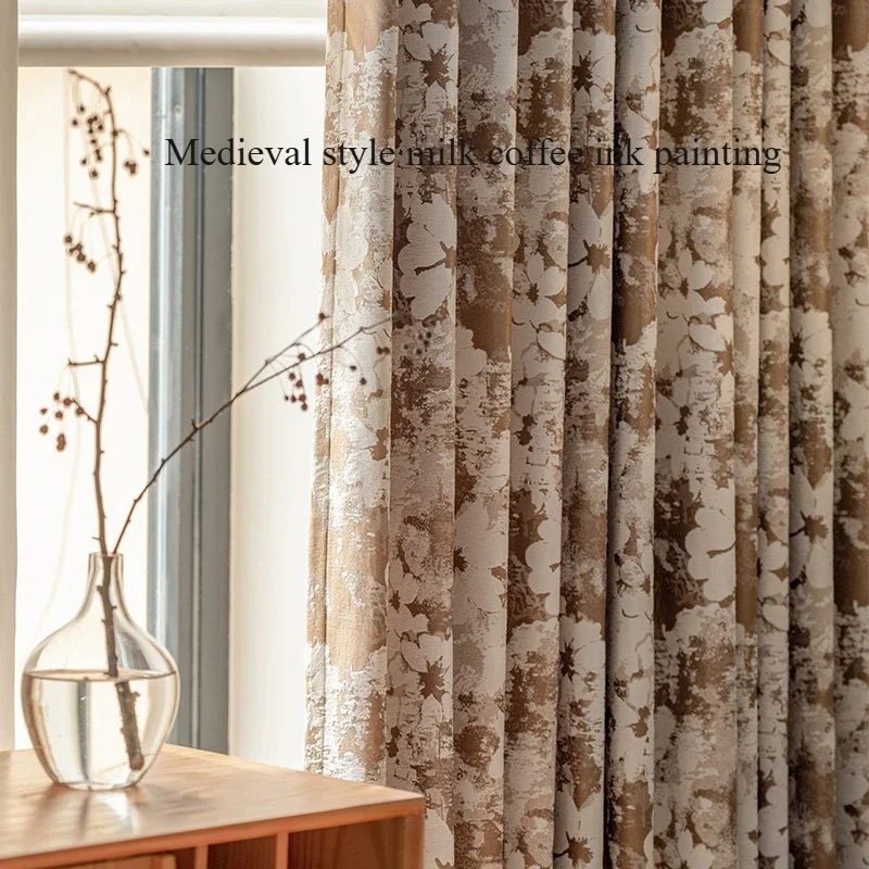 Medieval Style Milk Coffee Ink Painting Bedroom Curtain High-end Exquisite Patterns Thick Warm Chenier Curtains for Living Room