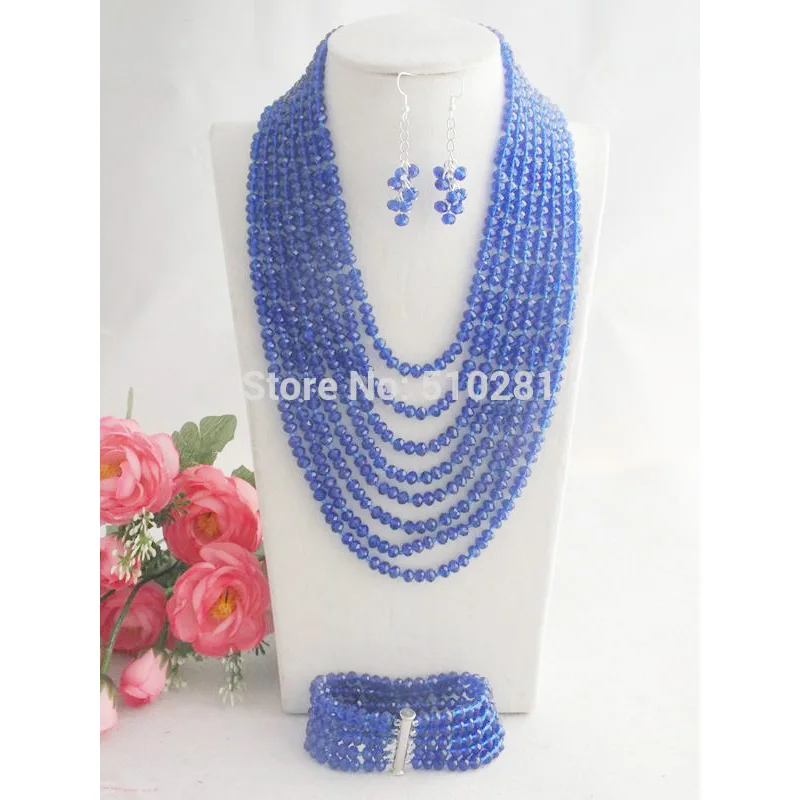 

8row royal blue crystal necklace, bracelet, earrings. set , European Bridal Wedding Jewelry