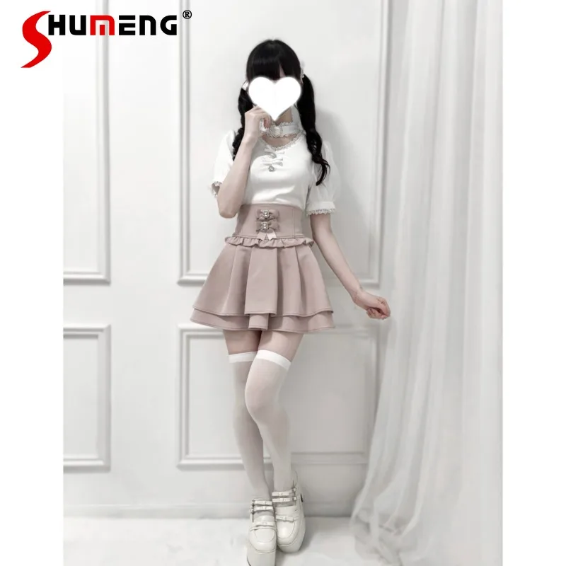 Rhinestone Heart Collar V-Neck Top Knitted Short Sleeved Shirt Mass-Produced Japanese Lolita SC Y2k Blusas Pullover For Women