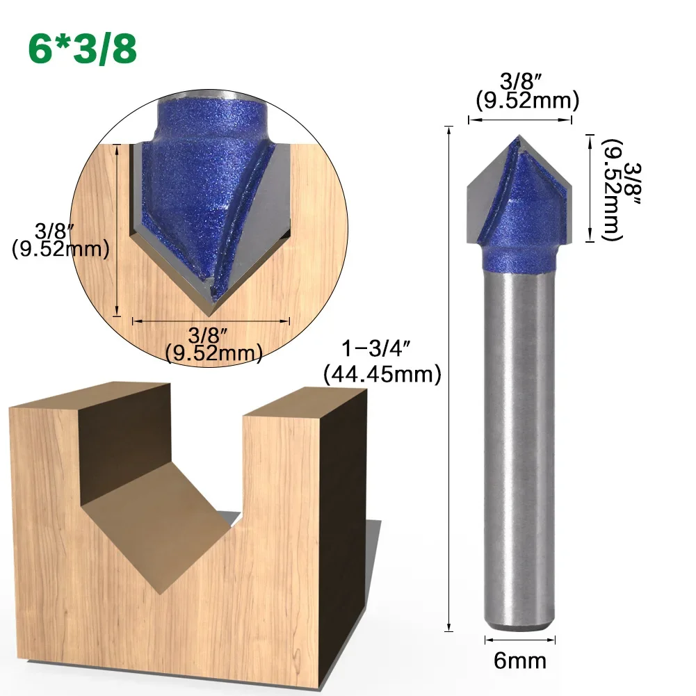 Fresa de vástago de 6MM, broca con ranura en V de 90 grados, 1/4 ", 5/16", 3/8", 1/2 ", fresa de carburo sólida para carpintería, 1 ud.