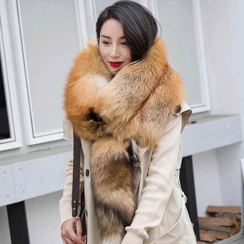 

Winter Warm Large Real Fox Fur Collar Natural Fur Coat Scarves Party Women Men Jackets Hood Shawl Decor Female Neck Scarf Wraps