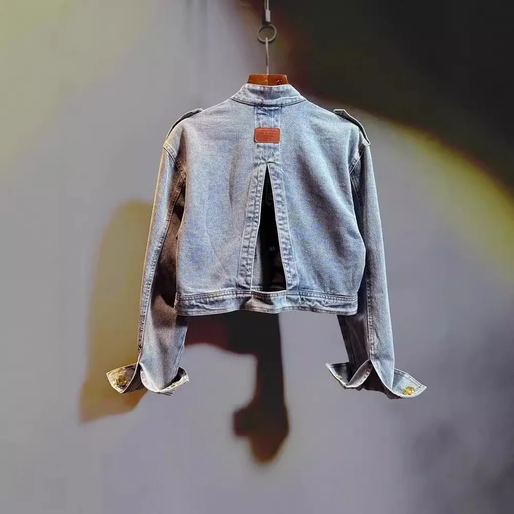 Children's Denim Jacket New Girl's Retro Back Hollow Collar Long Sleeve Denim Coat Spring and Autumn
