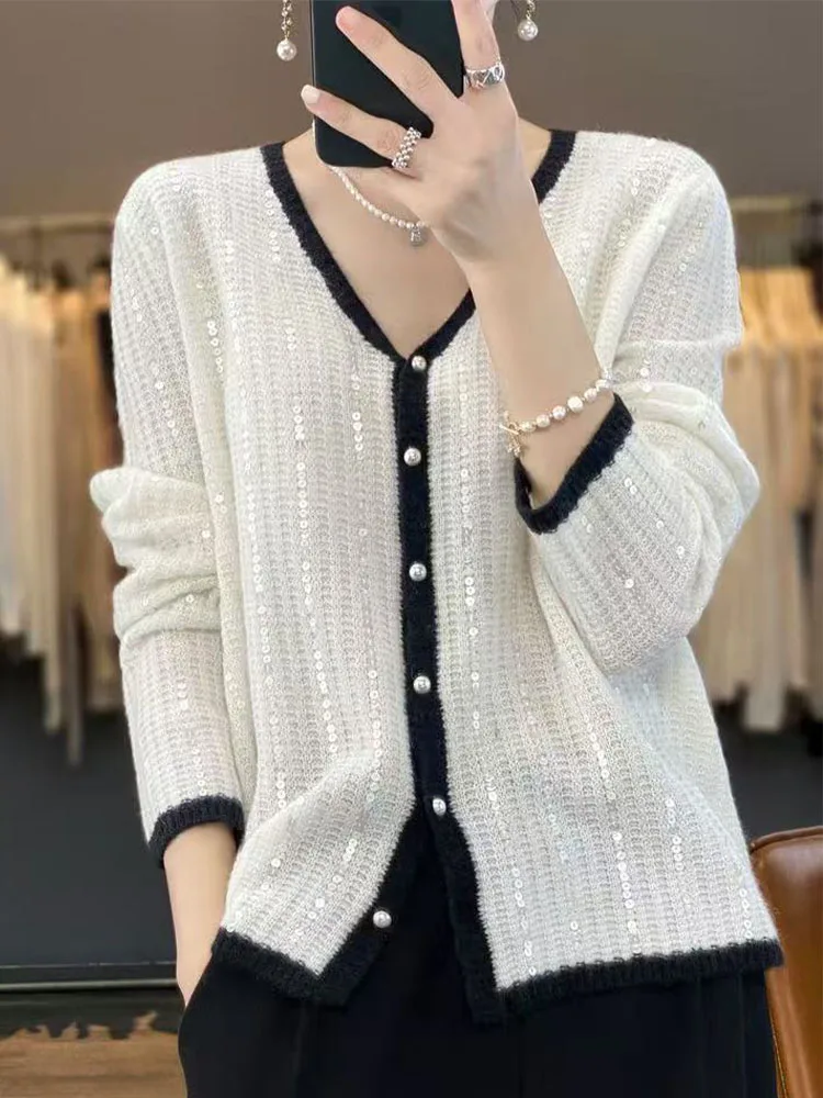 

Spring Autumn V-Ne Glitter Knitted Open Cardigan Women Loose Slimming Versatile Sweater Jaet Long Sve Outerwear Women