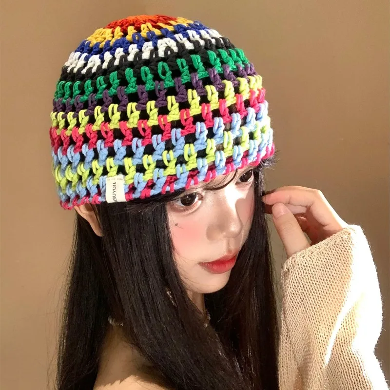 Dopamine Contrast Rainbow Woven Pullover Hats for Women Summer and Autumn Travel Photo Versatile Breathable Thin Beanies