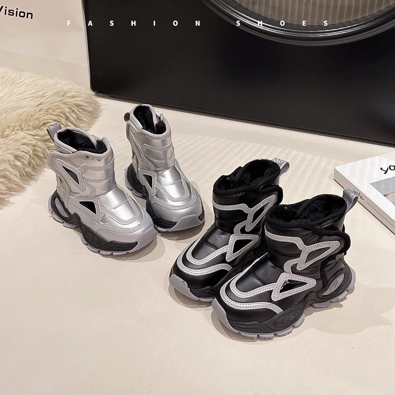 

Детские модные ботинки на толстом меху, непромокаемые зимние сапоги для девочек, нескользящие зимние ботинки с мягкой подошвой, новинка 2025, красивые детские полусапожки