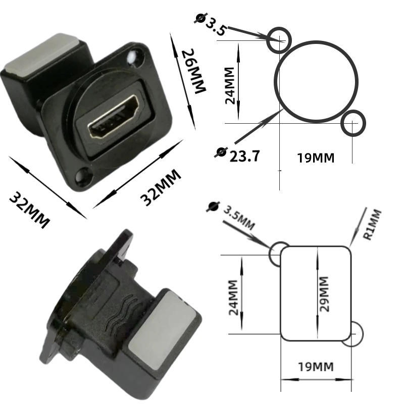 Kolano typu D HDMI 90 stopni proste dokowanie, ze śrubą panel do mocowania złącze adaptera, czarne, srebrne, z uszami