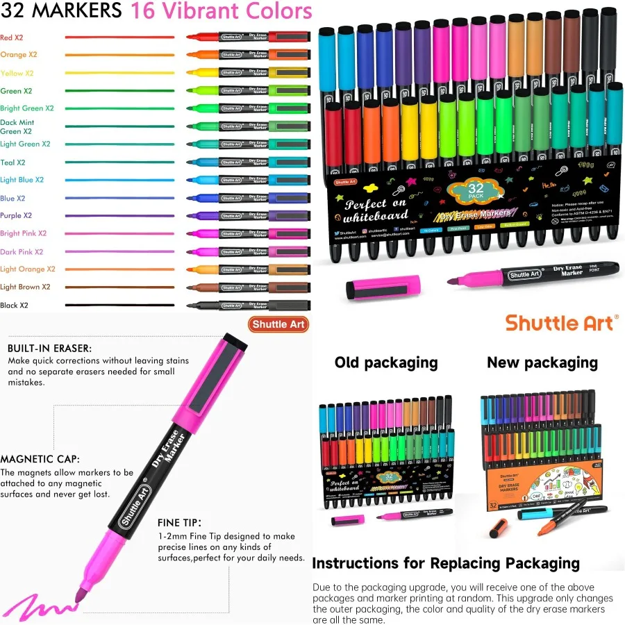 

Shuttle Art Dry Erase Markers 32 Pack 16 Colors Magnetic Whiteboard Markers with Erase Fine Point Dry Erase Markers Perfect For