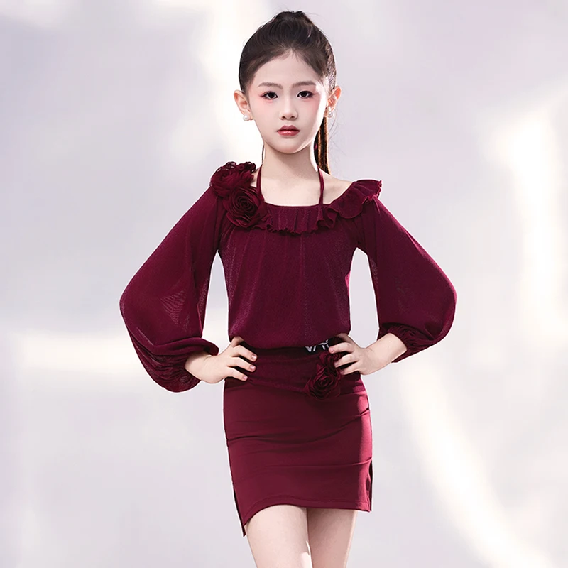 Costume de danse latine rouge vin pour filles, ensemble haut à manches longues et jupe, vêtements d'entraînement pour enfants, AMY2831