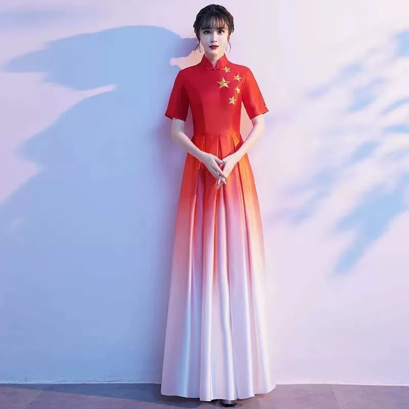 2024 chór Cheongsam sukienki w stylu chińskim kobiet elegancka wydajność Qipao długa siateczkowa szata De Soiree Bigsize 3Xl