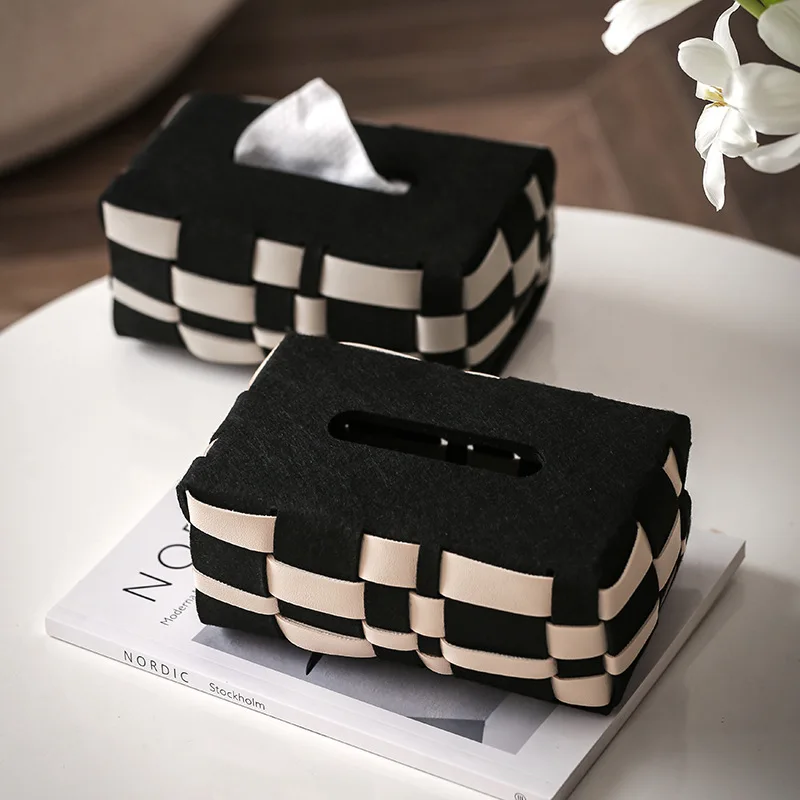 Nordic Woven Tissue Box, High-end Leather Suction Paper Box, Household Living Room, Coffee Table, Bedroom, Hand Wiping Paper Box