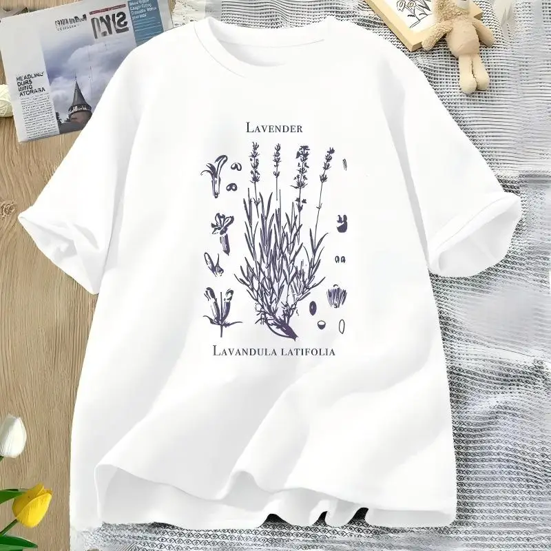 Vintage Lavender Botanical T-Shirt Lavandula Latifolia Graphic Tee Summer Short Sleeve Aesthetic Plant Art Women Streetwear Top