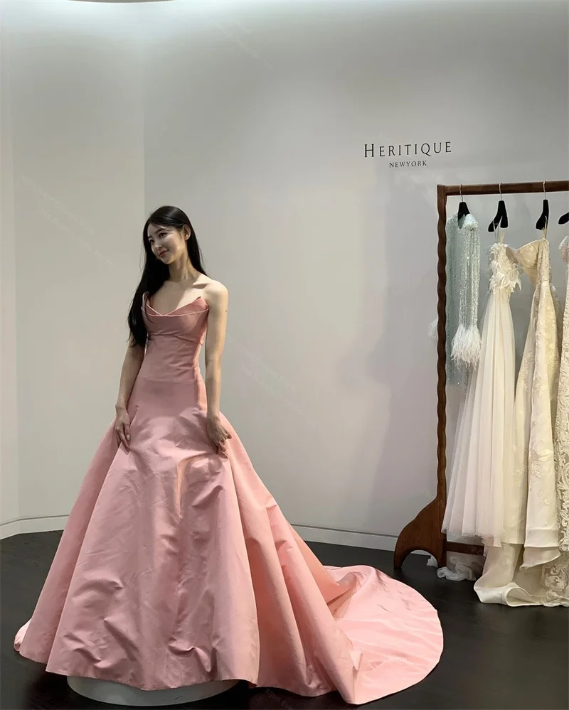 Xijun Simple Blush Pink Taffeta Evening Dresses Wedding Photoshoot Sweep Train Formal Party Special Occasion Dress 2024 Korean