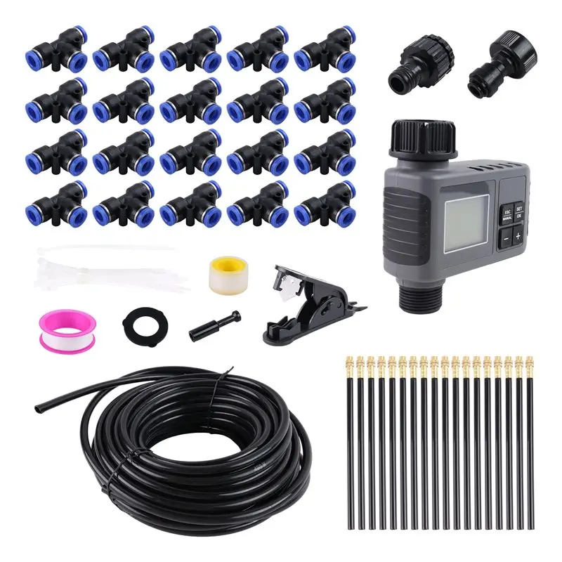A93E-Smart Water Timer 60Ft Drip Irrigation System, Solid Brass Connectors, 360° Adjustable Nozzles, Bendable Tubing