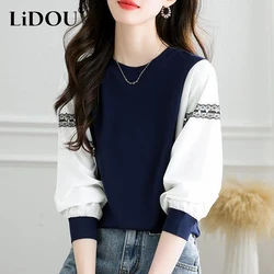 Spring Autumn New Round Neck Long Sleeve Loose T-shirt Women Korean Style Contrast Color Patchwork Fake Two Pieces Pullovers Top