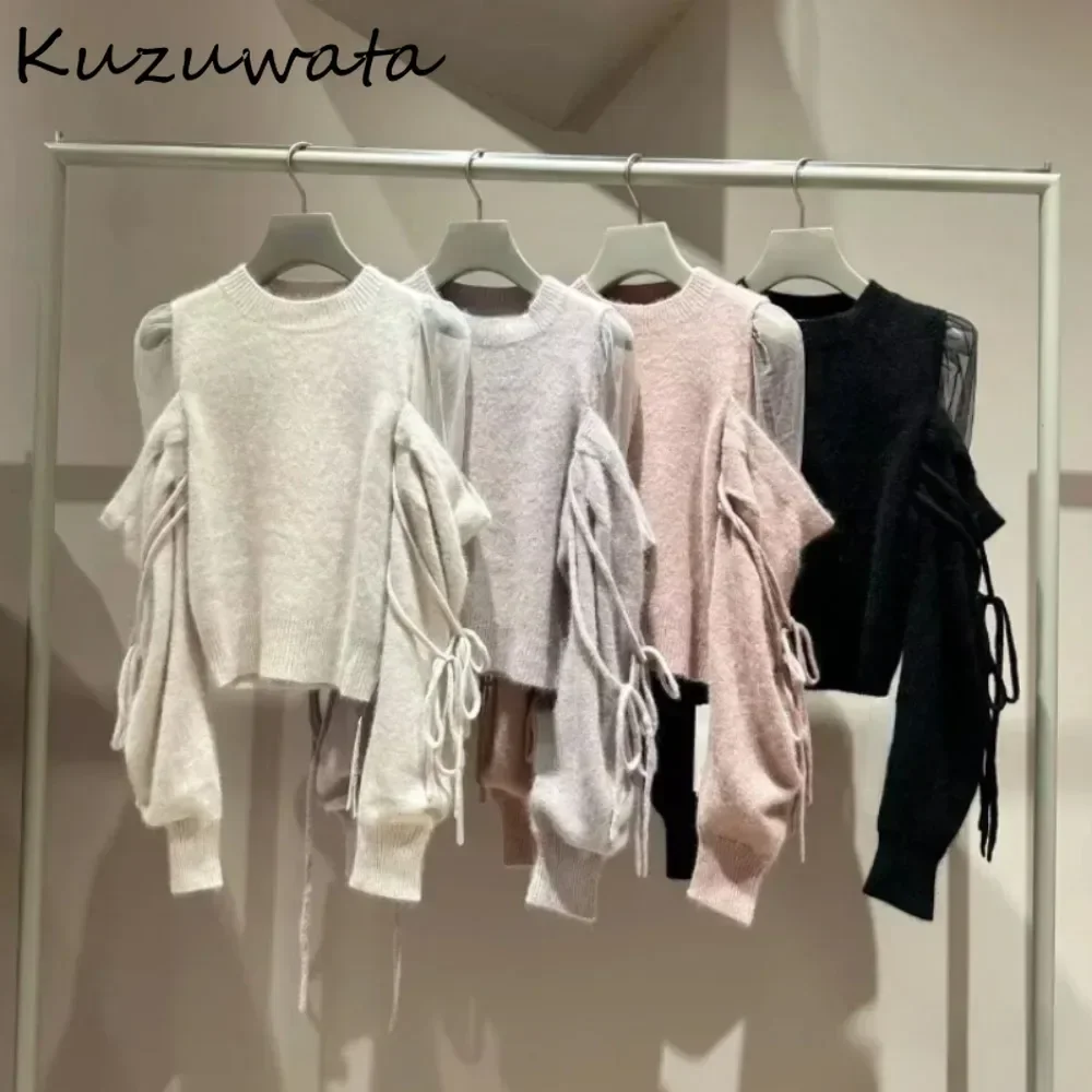 Kuzuwata Temperament Commuter O Neck Lantern Jumper Voile Lace Up Off Shoulder Women Sweaters Japan Cute Pullover Loose Knit Top