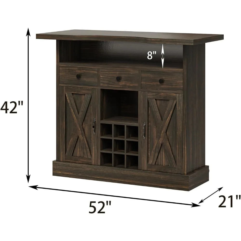 Farmhouse Home Bar Unit with 4-Tier Storage,  Wine and Liquor Cabinet with Barn Door and Footrest, Indoor Bars for Home