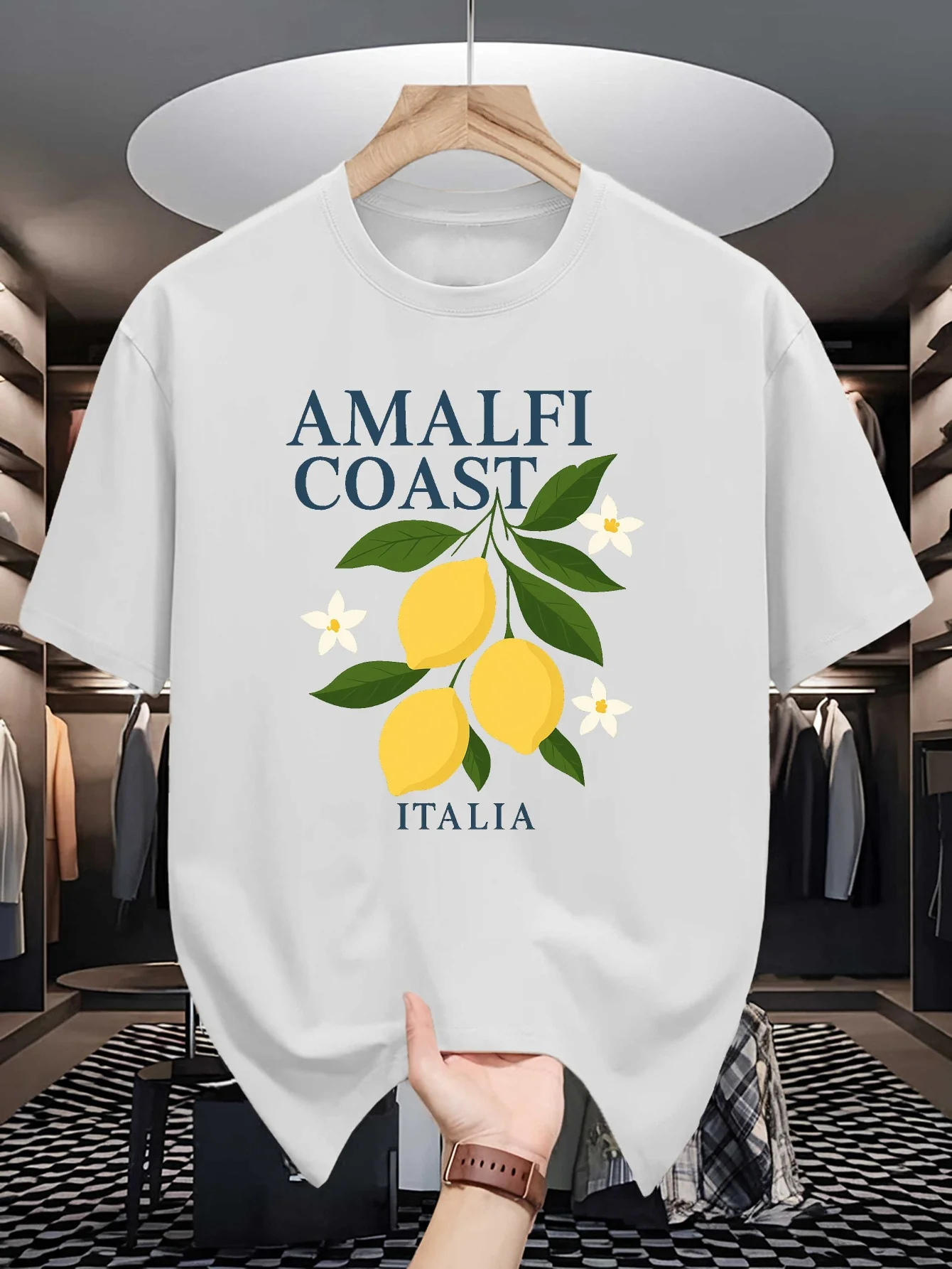 Men Cotton Crew Neck Tee Amalfi Coast Italia Lemon Floral Graphic Short Sleeve T Shirt Summer Travel Holiday Daily Casual Fit