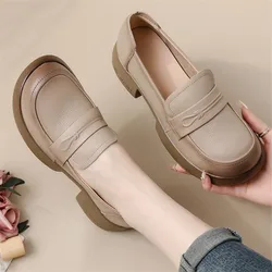 Cowhide Women Shoes Fashion Mid Heel Thick Soled Genuine Leather Retro Loafers Spring Autumn Flat Women Singles Shoes Mom Shoes