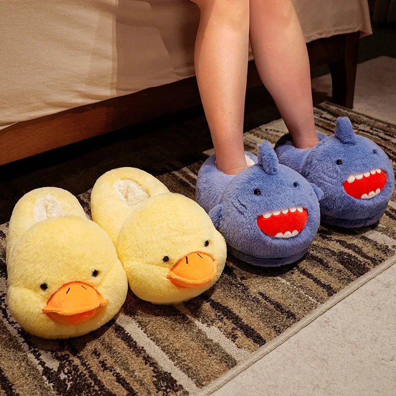 Cute Cartoon Slippers Women Men Winter Home Indoor Shoes Soft Sole Warm Plush Girls Boys Shark Husky Duck Funny Footwear