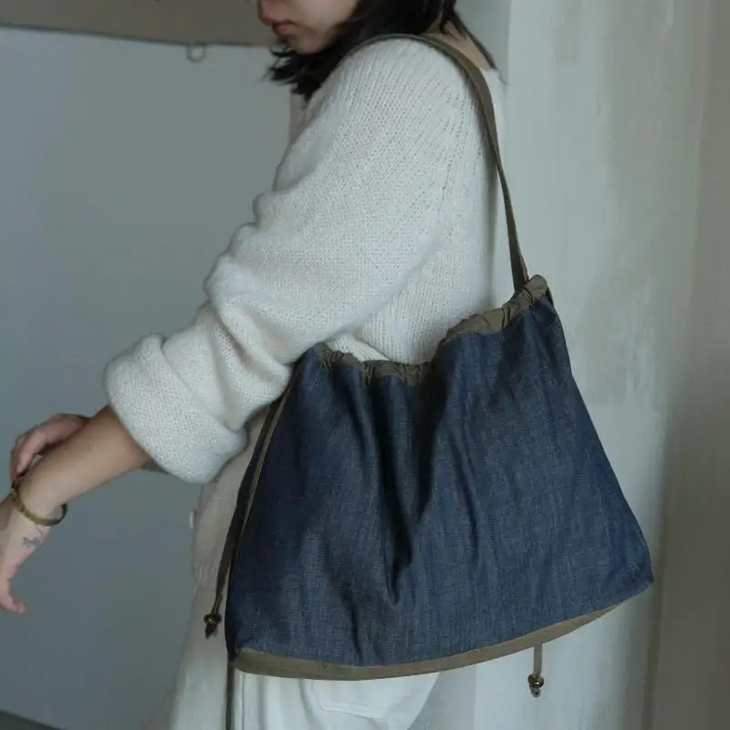 New Fashionable Denim Pure Cotton Canvas Shoulder Bags With Drawstring Drawstring Style Large Capacity Simple Casual Women's Bag