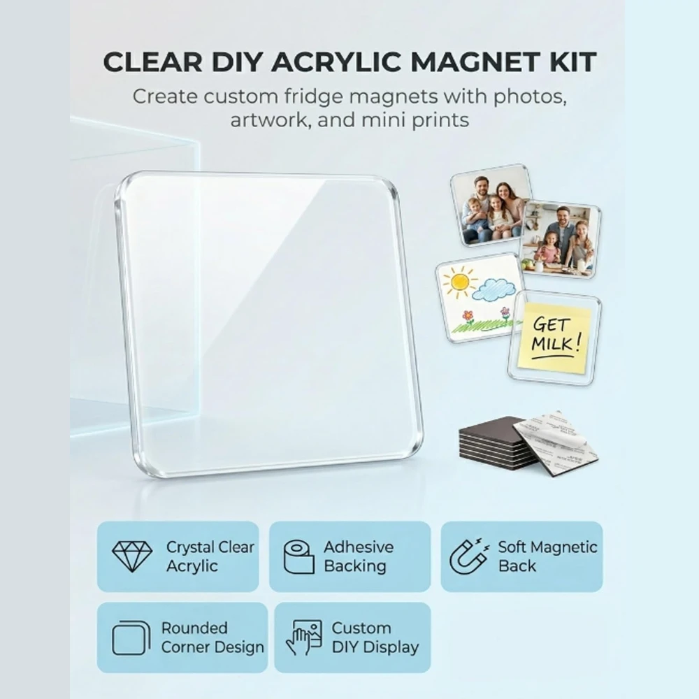 50 PCS DIY Clear Acrylic Fridge Magnet with Adhesive Backing Square/Round Refrigerator Magnets Magnetic Photo Frames Decor