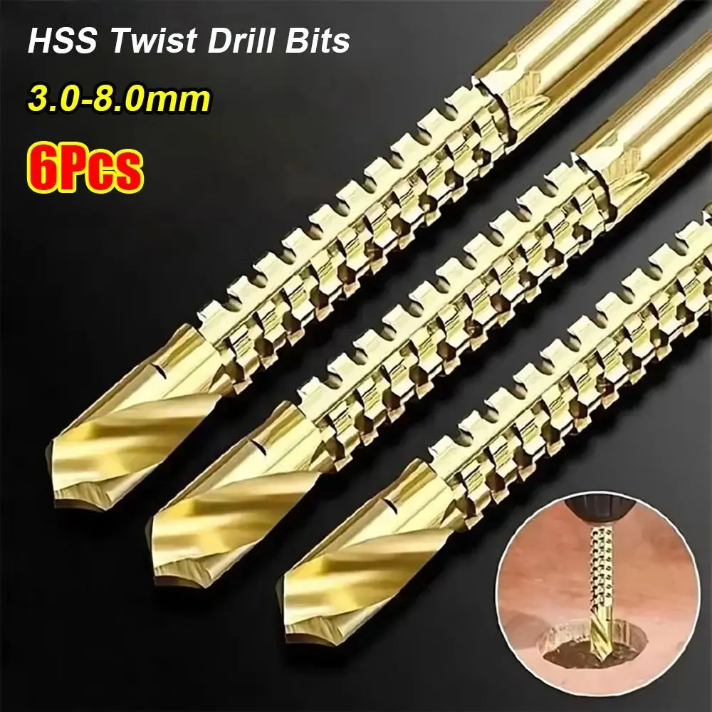 

6Pcs 3-8mm Serrated Drill Bits Titanium Coated 3 In 1 HSS Twist Drill Bits Serrated Grooving Spiral Jagged Saw Grooving Tool Set