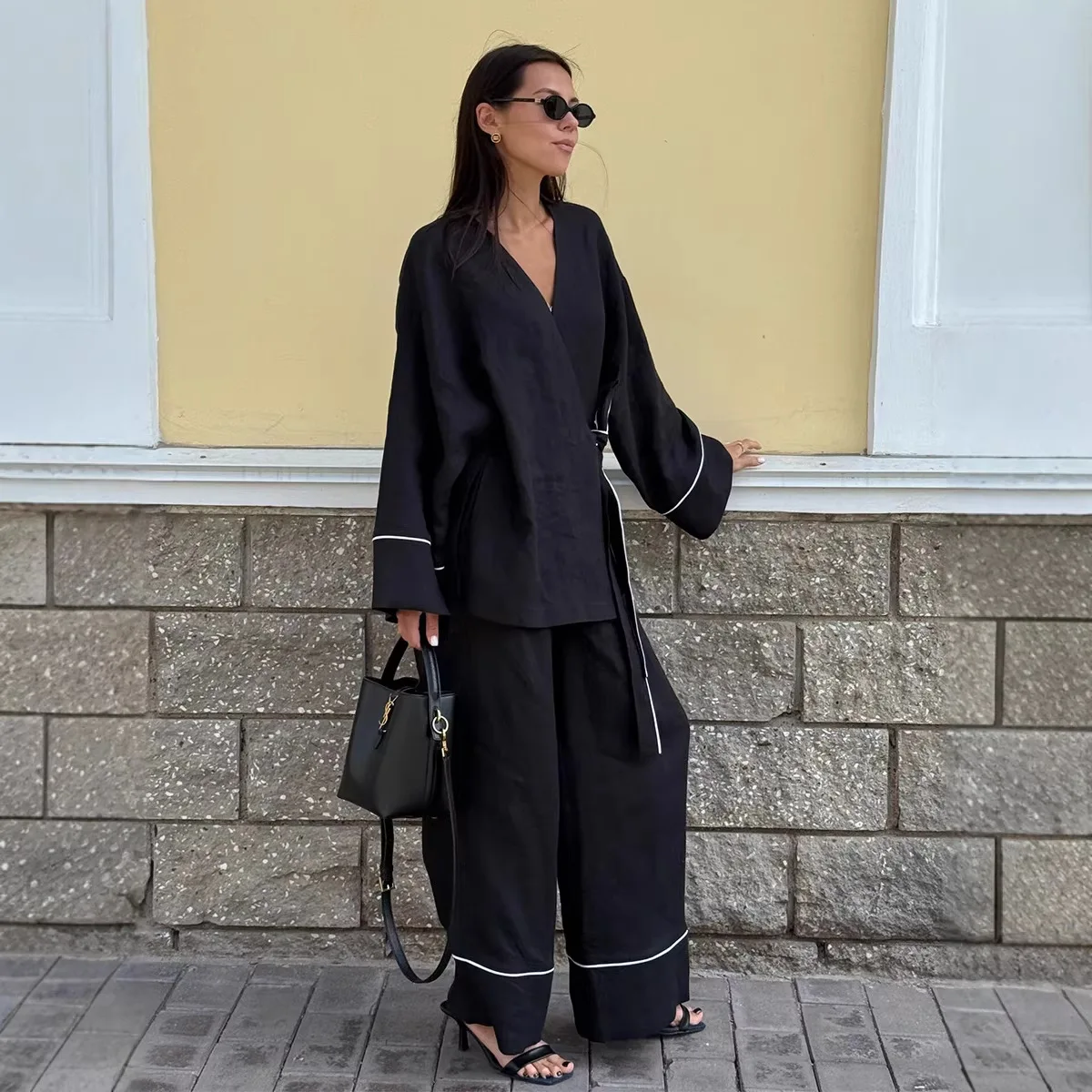 

Elegant Loose Cotton Home Cardigan Suit Spring and Summer Women's Simple Beach Travel Lace Up V-neck Shirt Wide Leg Pants 2Pcs