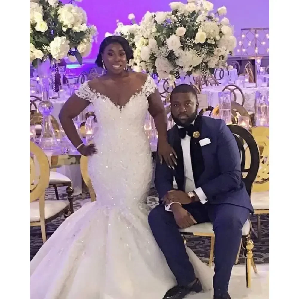 تخصيص العروس حورية البحر فساتين الزفاف قبالة الكتف الدانتيل الخامس الرقبة قطار طويل أثواب الزفاف Vestidos De Novia