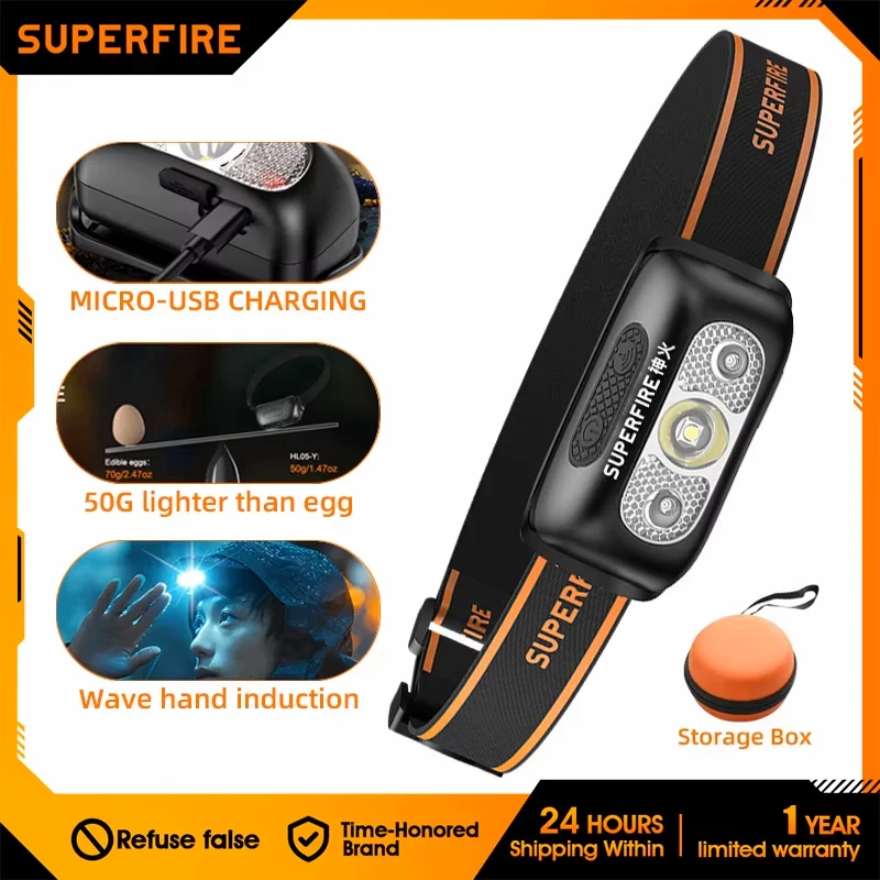 SUPERFIRE HL05-Y Wiederaufladbare Leistungsstarke Sensor Scheinwerfer USB High Power Scheinwerfer COB LED Wasserdichte Kopf Lampe Arbeit Front Licht