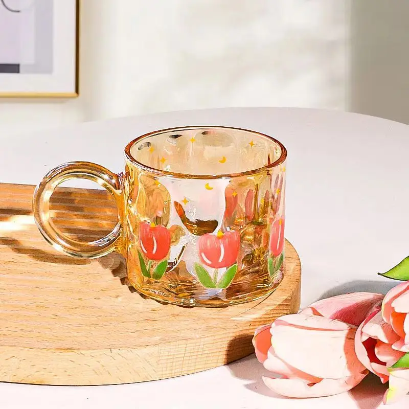 Tulip Perfume Cup High-Value Ins Style Amber Glass Cup Cute Girl Heart Milk Breakfast Mugs Clear Multi-Purpose Mug For Home