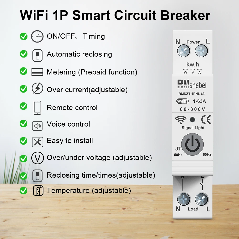RMshebei Tuya Smart WiFi Disjuntor 1P + N 63A Interruptor de controle remoto Proteção contra sobrecarga de sobretensão e temperatura