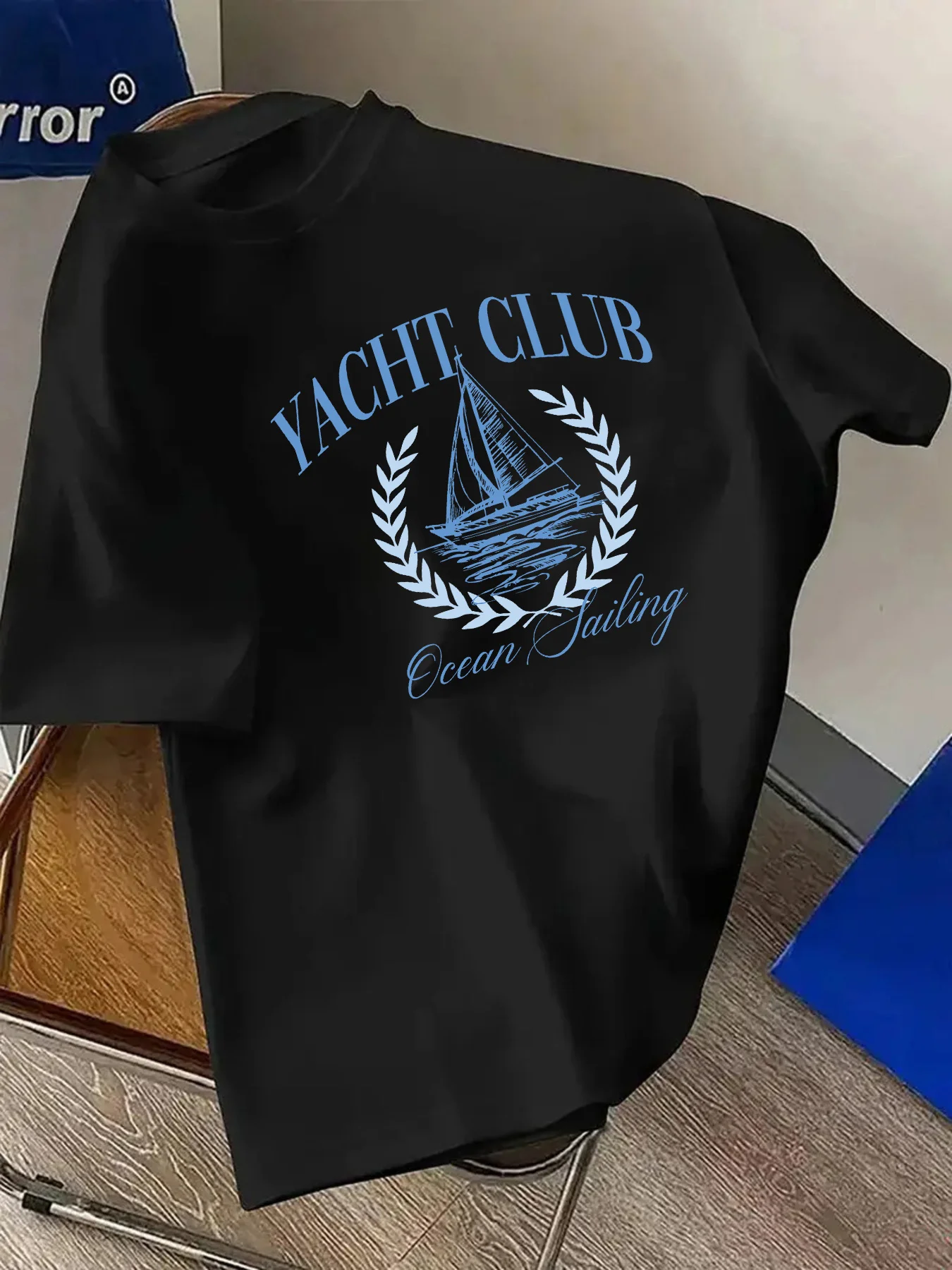 Men Crew Neck Short Sleeve T‑Shirt Sail & Laurel Leaf Graphic Print Casual Loose Fit Breathable Summer Daily Versatile