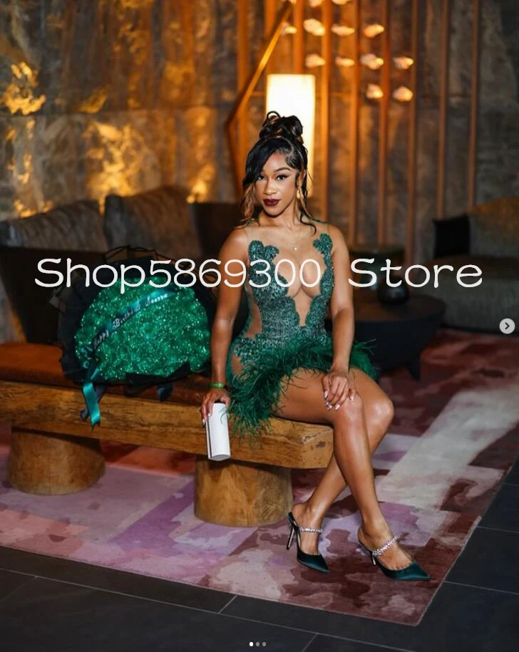 Hunter Green Sparkly Short Prom Homecoming Dresses for Black Gilr Customsized Diamond Birthday Gala Party Gown Sheer Mesh