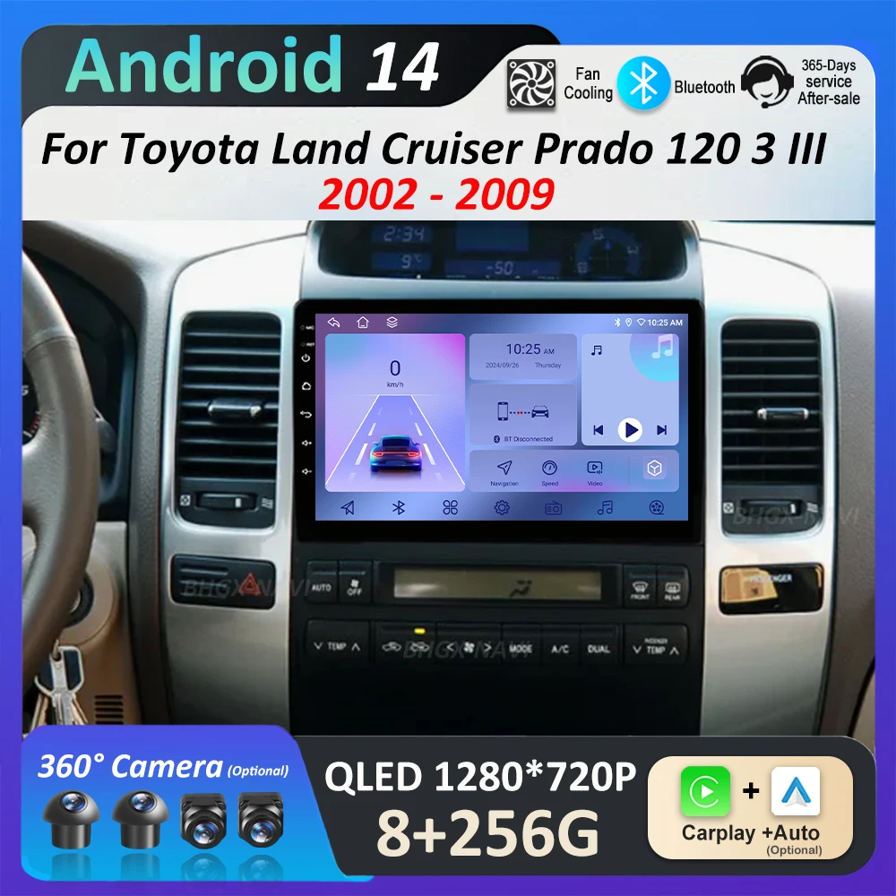 

Car Radio Multimedia Player Android 14 for Toyota Land Cruiser Prado 120 3 III 2002 - 2009 Split Screen GPS Navi BT Head Unit