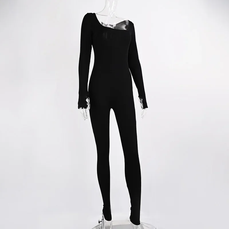 Damski kombinezon Skinny Jednokolorowy prążkowany dzianinowy kombinezon z długim rękawem i kwadratowym dekoltem Bodycon Romper Work Out Sport Yoga Playsuits — zdjęcie 2