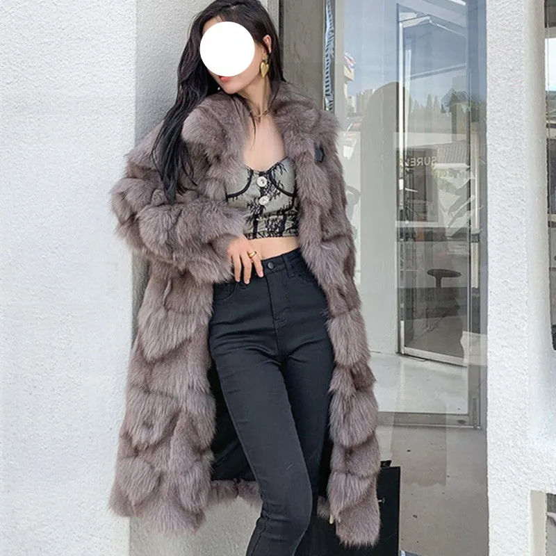 

Faux fox fur coat for women long and versatile loose and casual knee length winter thick and warm coat young and new