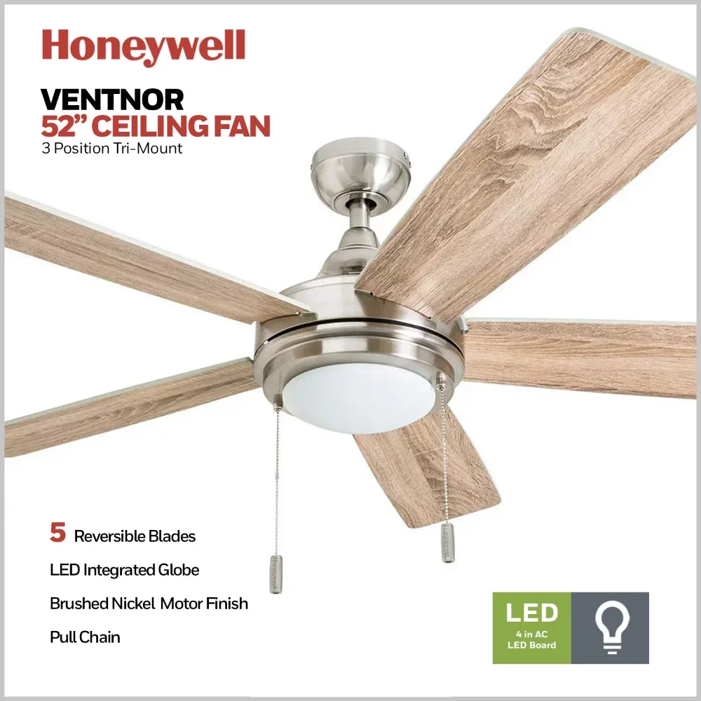 Honeywell-ventilador de techo con luz integrada, luz LED de níquel cepillado moderno de 52 pulgadas, Ventnor