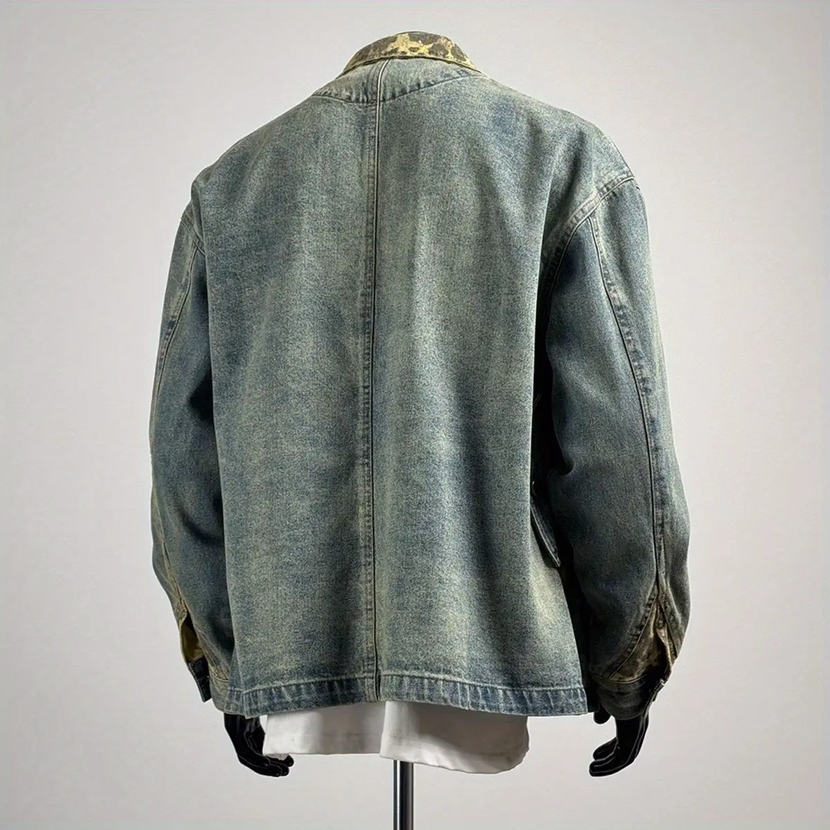 Japanese contrasting leopard print lapel denim jacket men's spring and autumn old washed retro jacket versatile tooling top