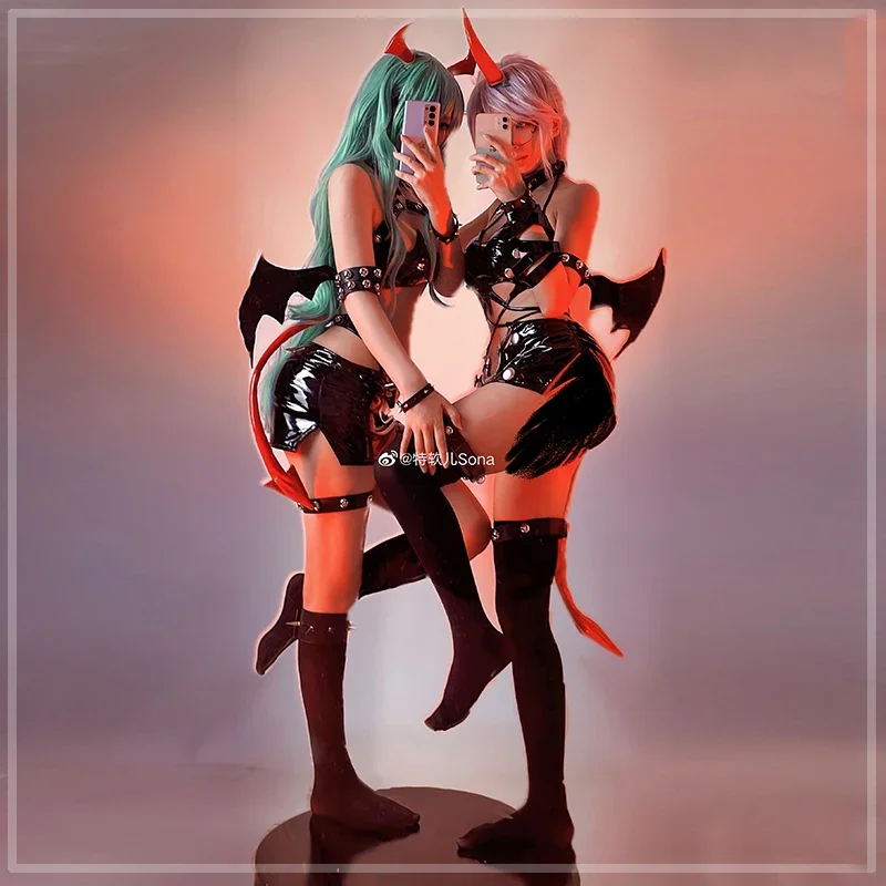 

Anime Panty & Stocking with Garterbelt Cosplay Costume Scanty Kneesocks Devil sisters Sexy Jumpsuits PU Leather Suit