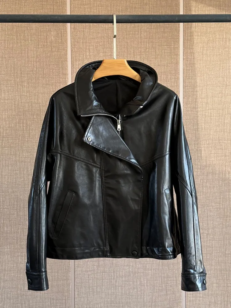 Hohe Qualität Frauen Mode Kurze Echtes Leder Jacke Mantel Stehkragen Echt Schaffell Lose Fit Retro Zipper Chic Oberbekleidung