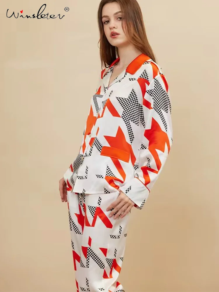 

Winsleter,19MM 100%Real Silk Pajamas Set,Women Long Sleeve Top Pants,Print Sleep Home Clothes,2024 Summer Autumn S478139QM