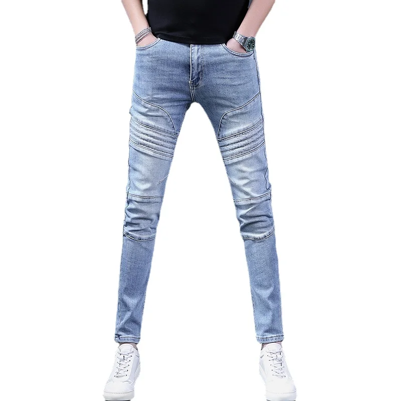 Blue Biker Men's Jeans Fashion Slim Fit Pants Streetwear Casual Patchwork Denim Trousers CP2203