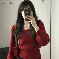 Sweaters Pullovers Women Red Bandage Backless Puff Sleeve Christmas Date Knittedwear Loose Casual Square Collar Winter All-match