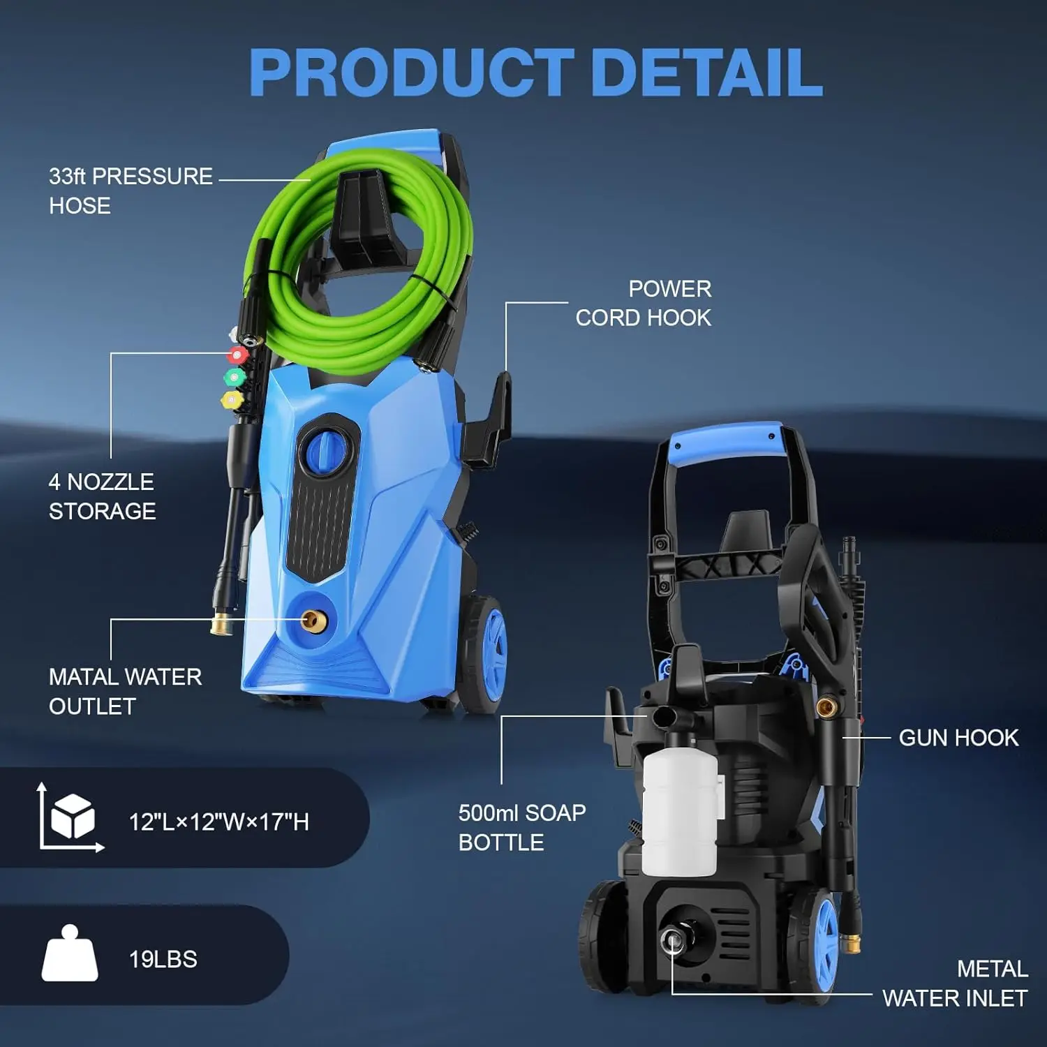 Nowa myjka ciśnieniowa 5000 PSI z 2025 roku, wąż 10 m, 4 dysze, niebieska, do domu i samochodu