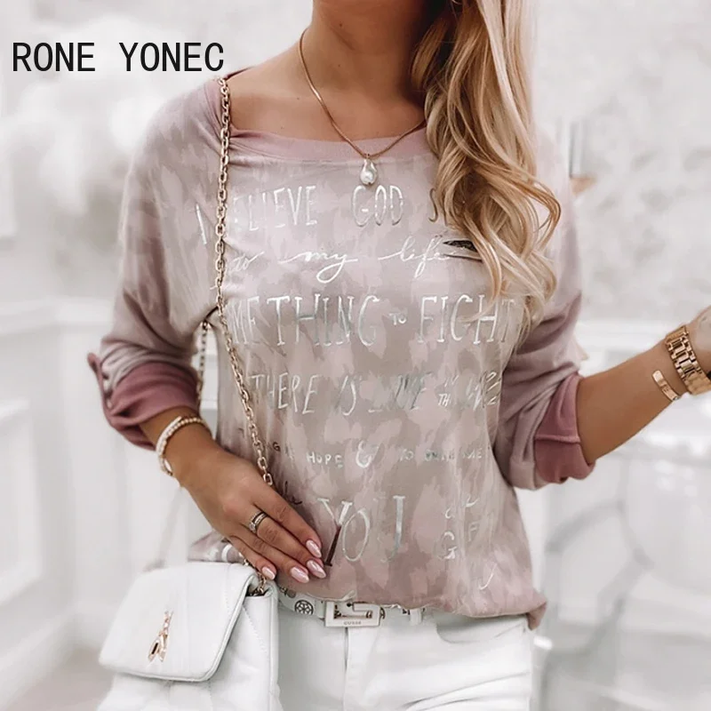 Top da donna Casual asimmetrico girocollo maniche lunghe con motivo a lettere