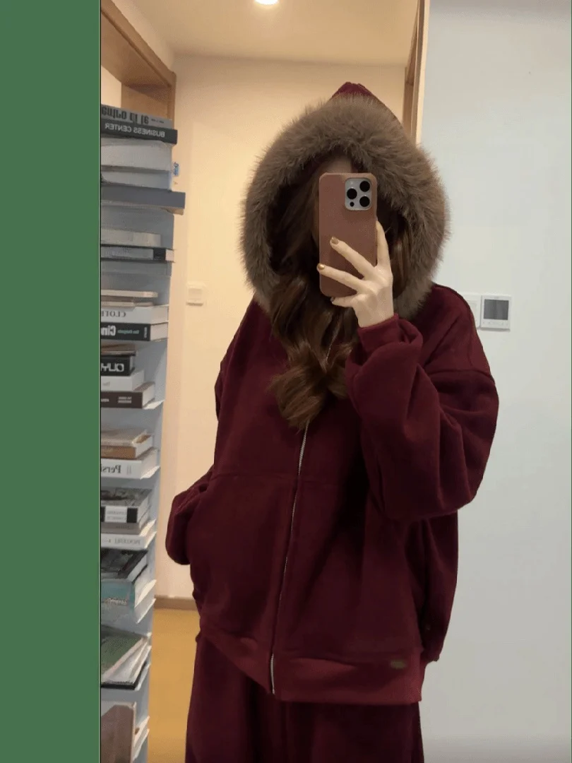 

Korean Sle Soft System Women's Faionable Hooded Jaet Beautiful Two-Piece Set Winter Loose Wide Leg Pants Casual Wear