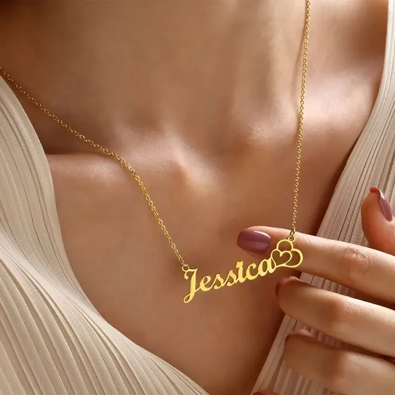 

Custom Heart Name Necklaces For Women Gold Color Personalized Name Necklace With Double Heart Stainless Steel Jewelry Gift